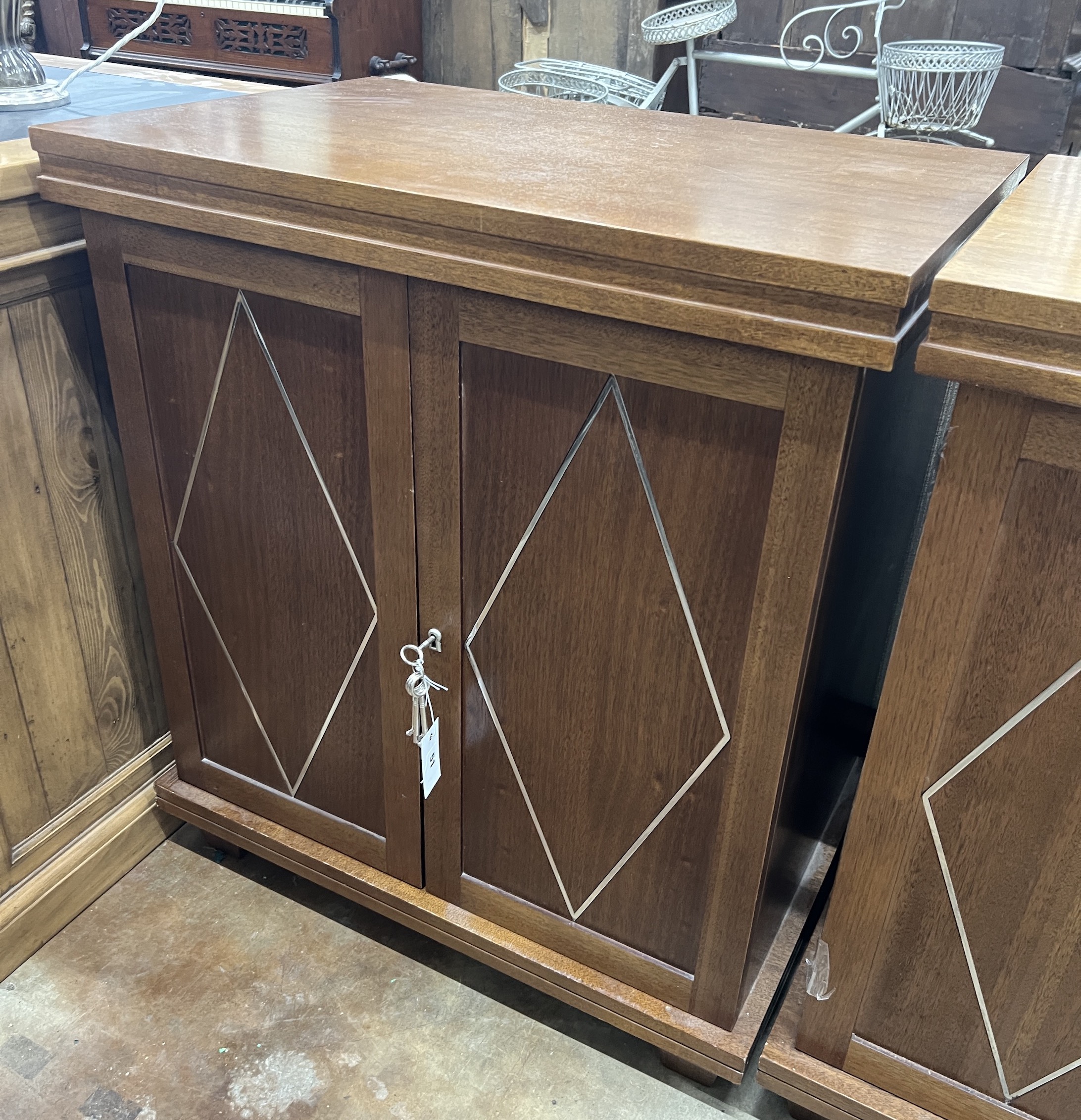 A contemporary South African chrome inlaid mahogany hardwood side cabinet, width 75cm, depth 50cm, height 85cm